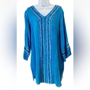 Buc-ee's Women's S/M Gauzy Tunic Top Boho Blue Crochet Lace Lightweight
